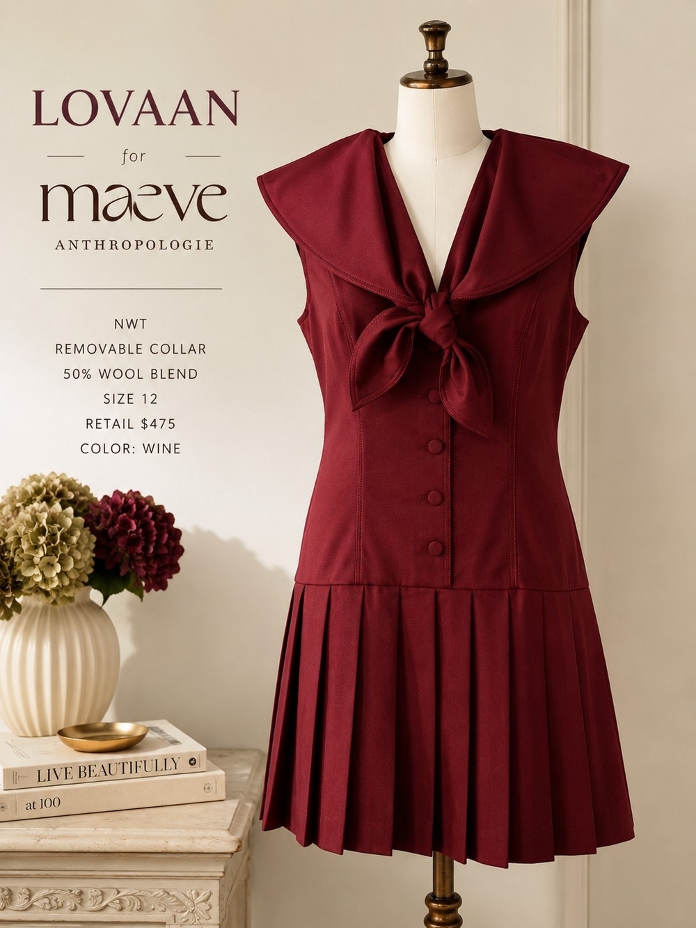 LOVAAN x Maeve Anthropologie Wine Wool Blend Pleated Mini Dress Size 12 NWT